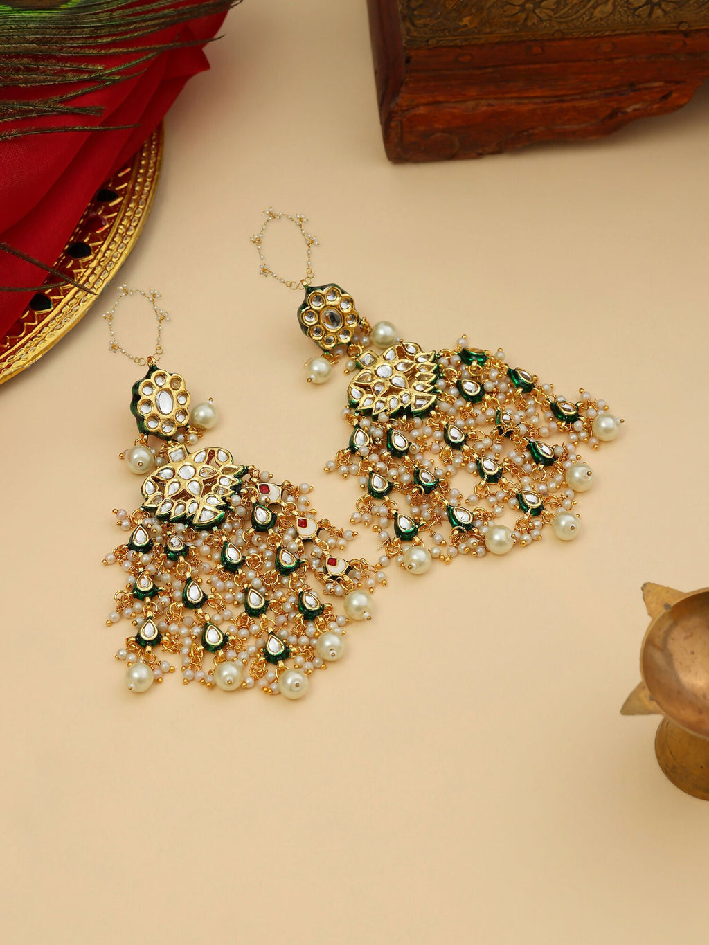 Ruby Raang 22k Gold Polished Kundan Chand Earrings With Ear Chains | Grocsy