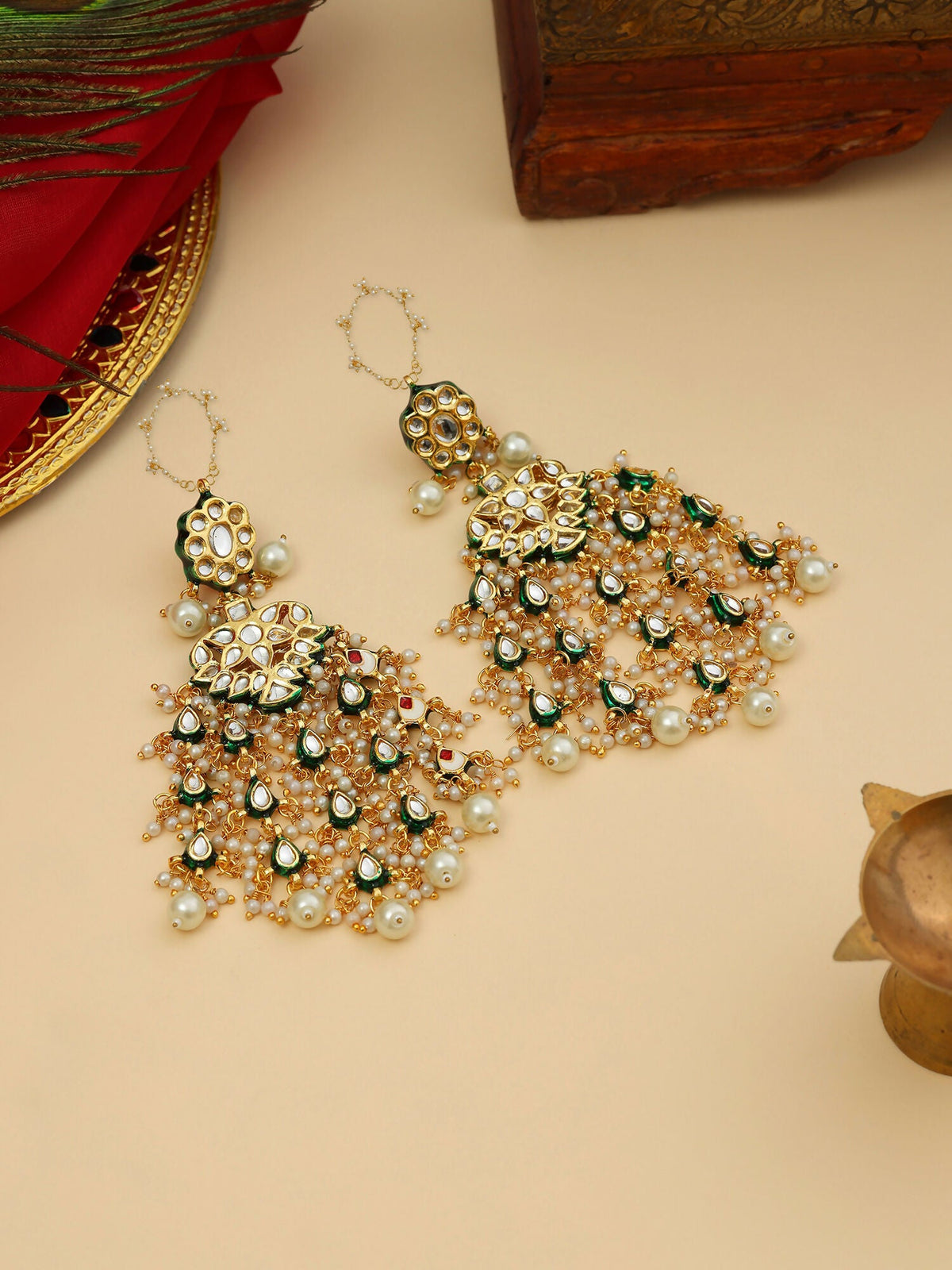 Ruby Raang 22k Gold Polished Kundan Chand Earrings With Ear Chains | Grocsy