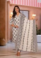 Juniper Women's White Floral Printed Cotton Kurta Dhoti Pant & Dupatta Set | Grocsy