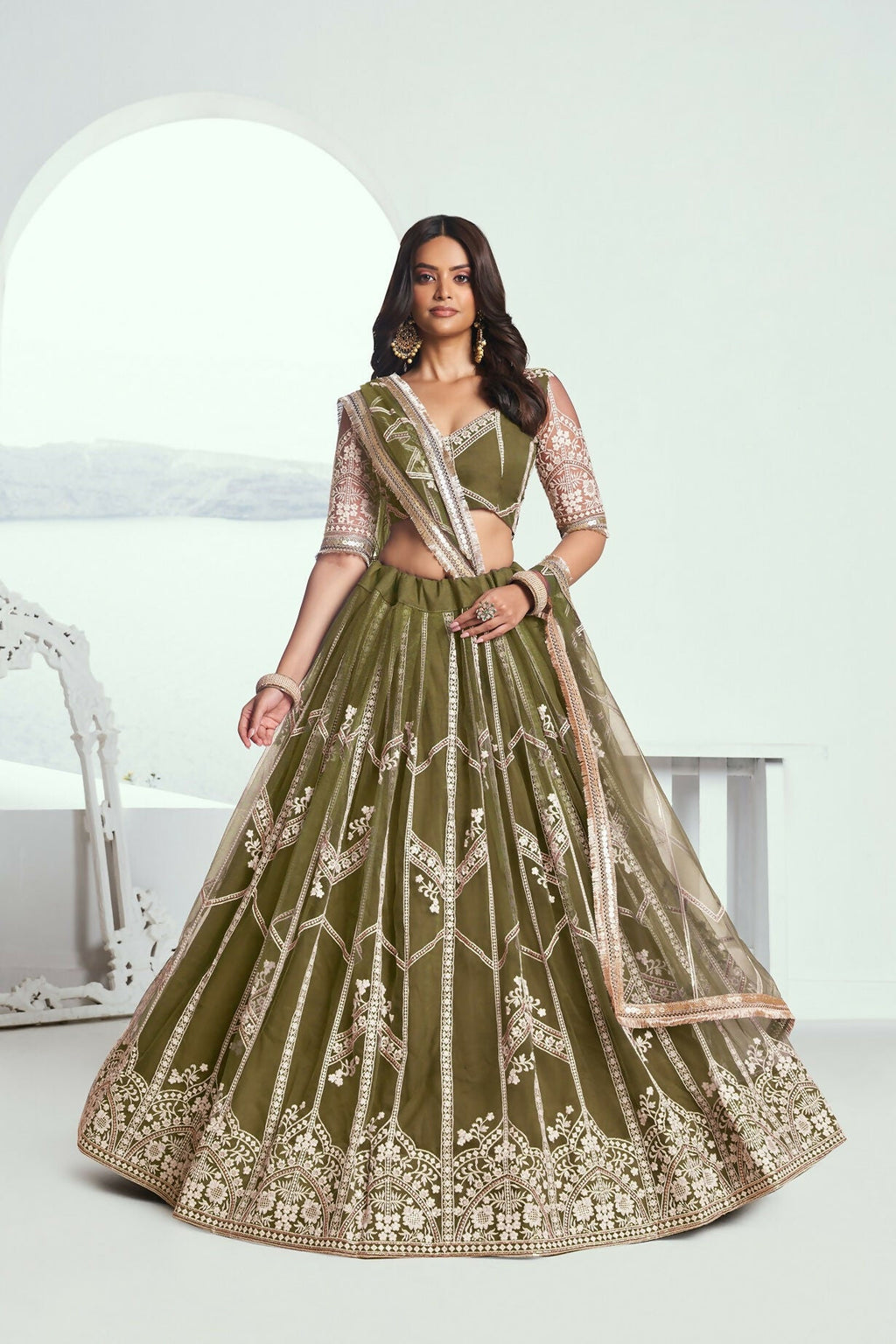 Eilara Adorable Olive Green Sequins Net Mehendi Wear Lehenga Choli | Grocsy