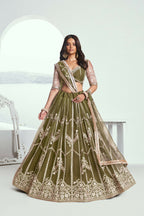 Eilara Adorable Olive Green Sequins Net Mehendi Wear Lehenga Choli | Grocsy