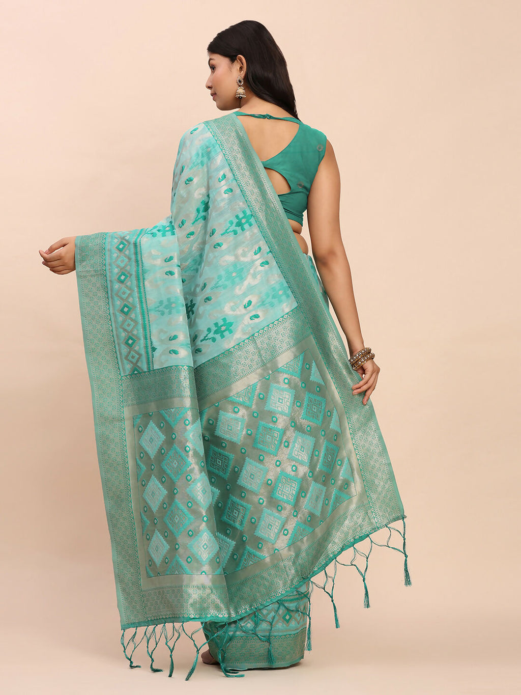 Shree Shyam Fashion Linen Cotton Sea Green Saree | Grocsy