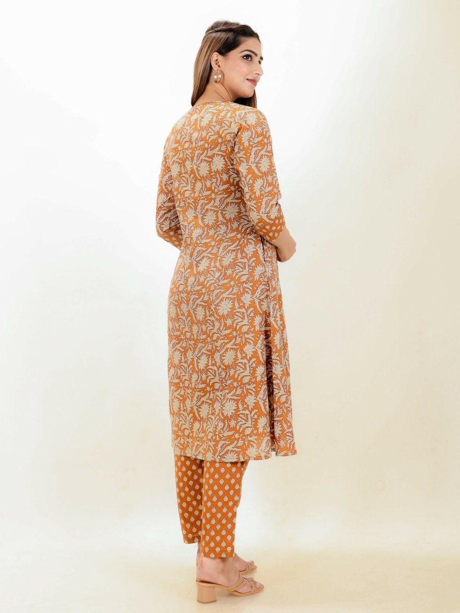 Aramya Orange Soft Cotton Floral Print Panelled Kurta Set for Women | Grocsy