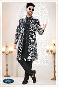 Joban Fashion Men's Black Straight Georgette Thread Embroidery All Over 3 Pc Kurta Set | Grocsy