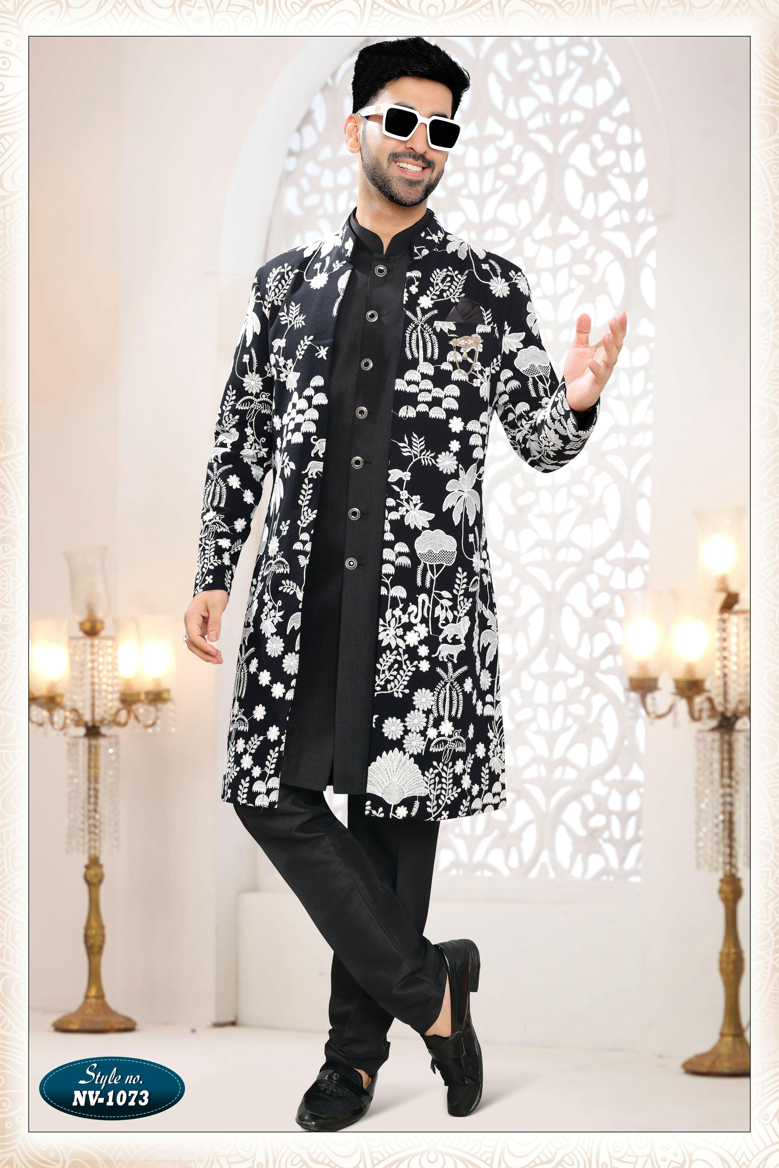 Joban Fashion Men's Black Straight Georgette Thread Embroidery All Over 3 Pc Kurta Set | Grocsy