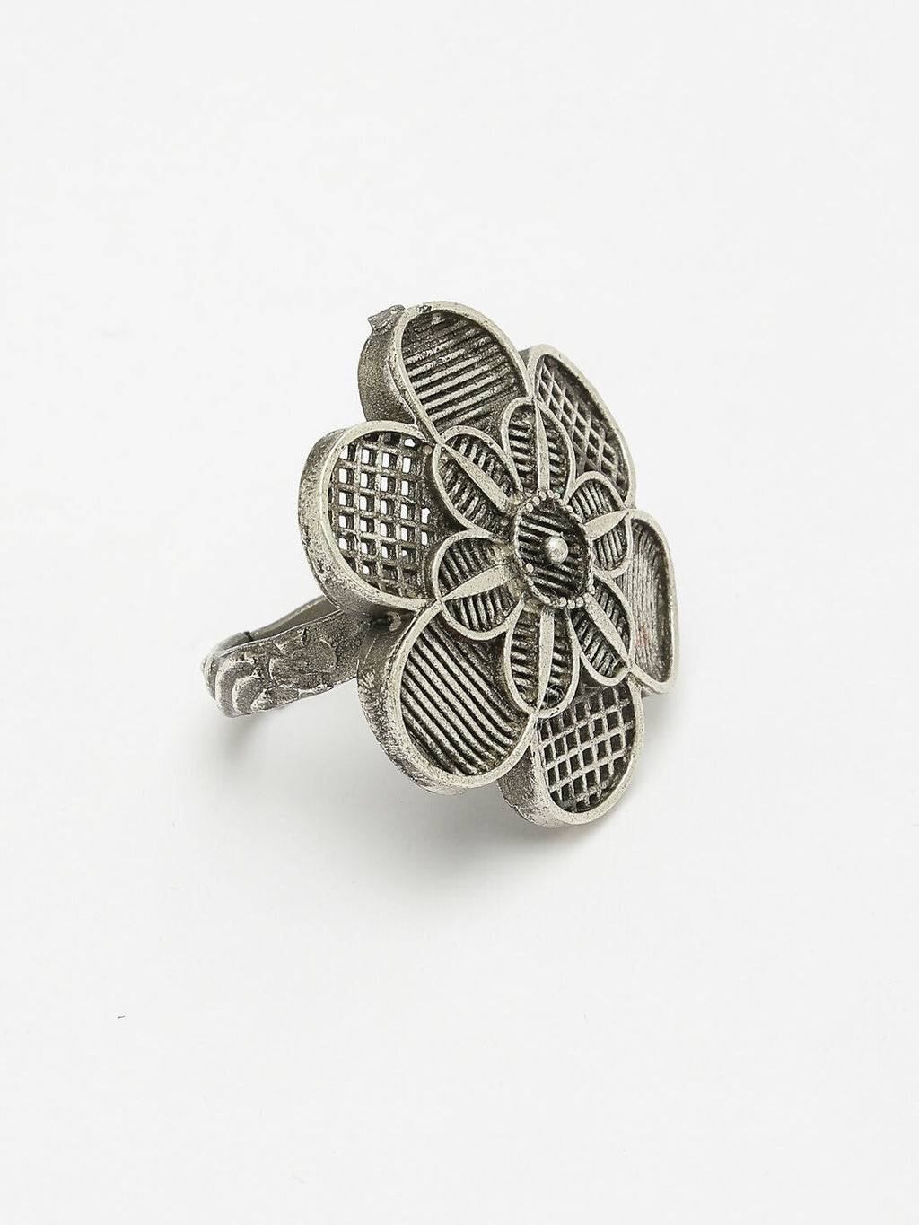 NVR Women's Silver-Toned Floral Shape Adjustable Finger Ring | Grocsy