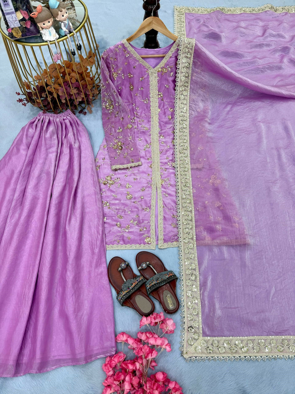 Teeya Creation Womens New Trendy Heavy Embroidery Work Kurta Palazzo Set - Lavender | Grocsy