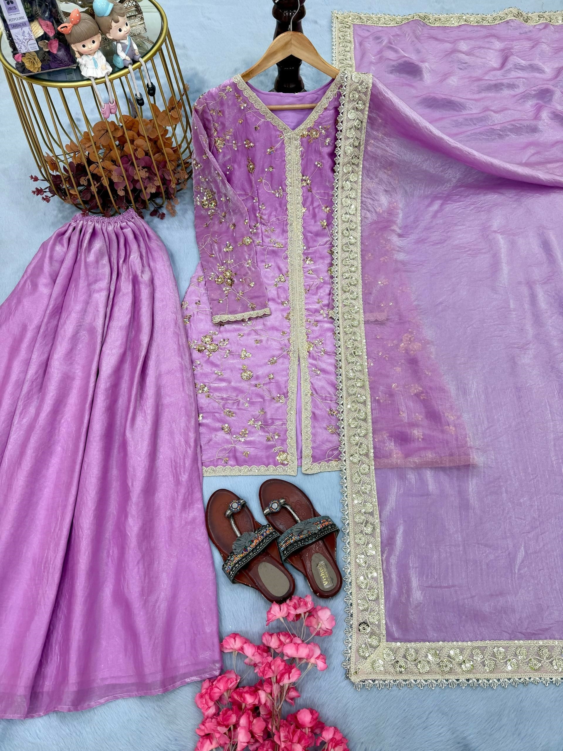 Teeya Creation Womens New Trendy Heavy Embroidery Work Kurta Palazzo Set - Lavender | Grocsy