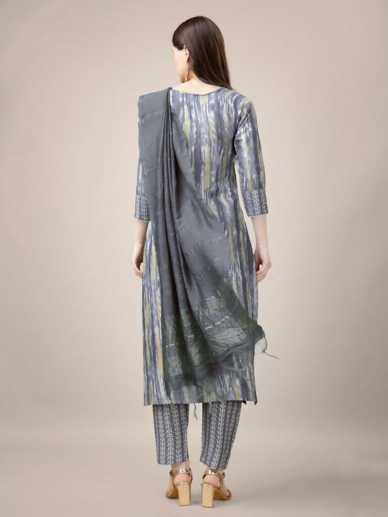 Jyoti Fashion Women's Grey Rayon Print with Embroidery & Fancy Lace Work Kurta with Trouser & Dupatta | Grocsy