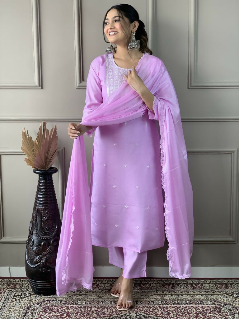 Lavender Viscose Chanderi Stitched Suit With Dupatta - Tanisha | Grocsy