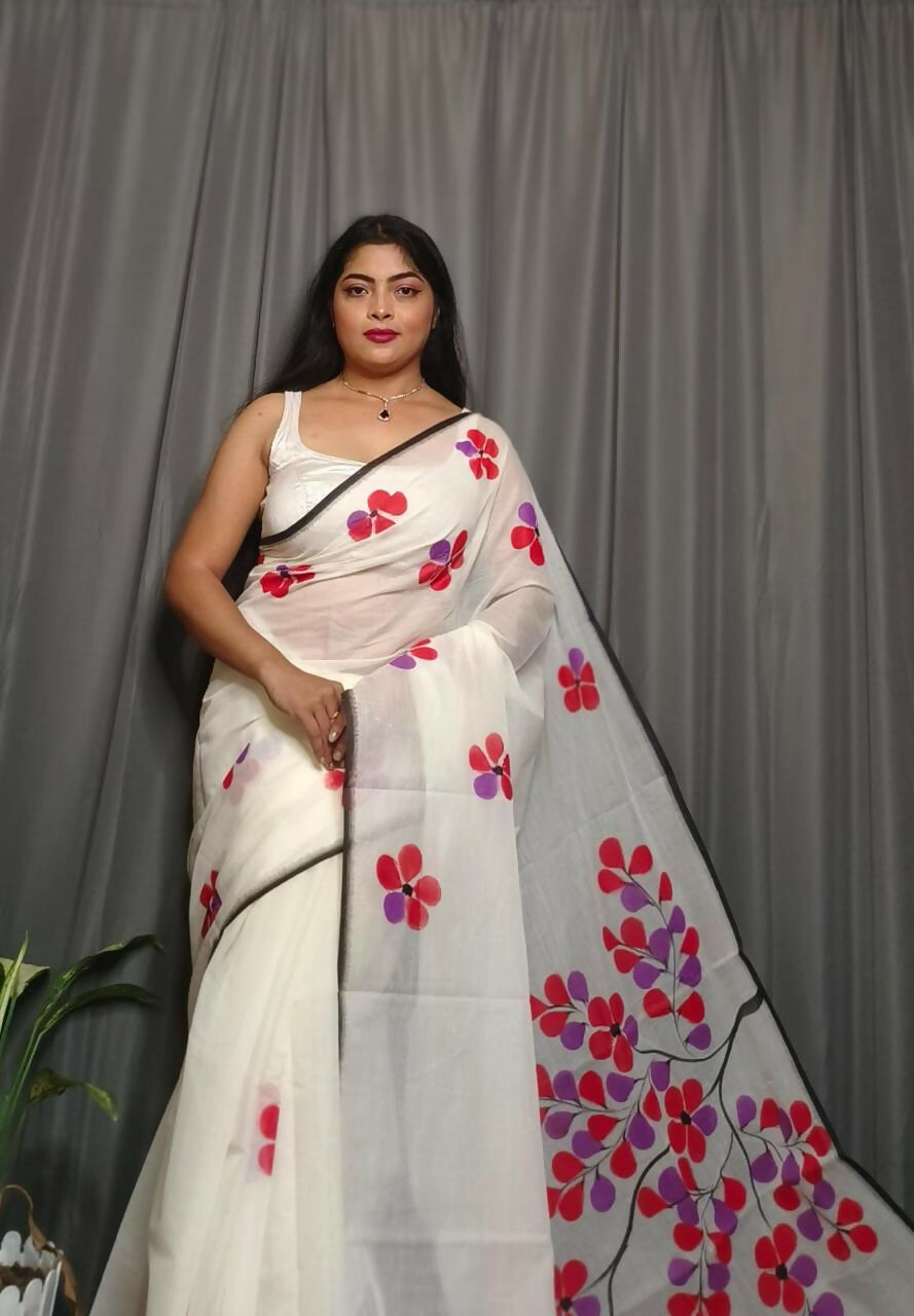 Exclusive Collection Beautiful White Red Pure Cotton Hand Print Handloom Saree With Running Blouse Piece | Grocsy