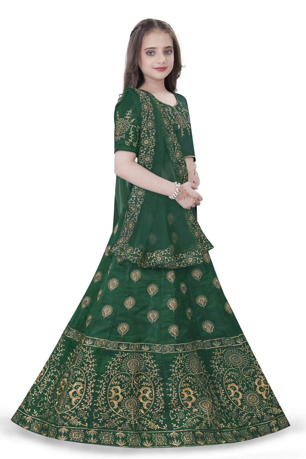 Dwiden Green Gulab Tafetta Sattin Semi-Stitched Girl'S Lehenga Choli | Grocsy