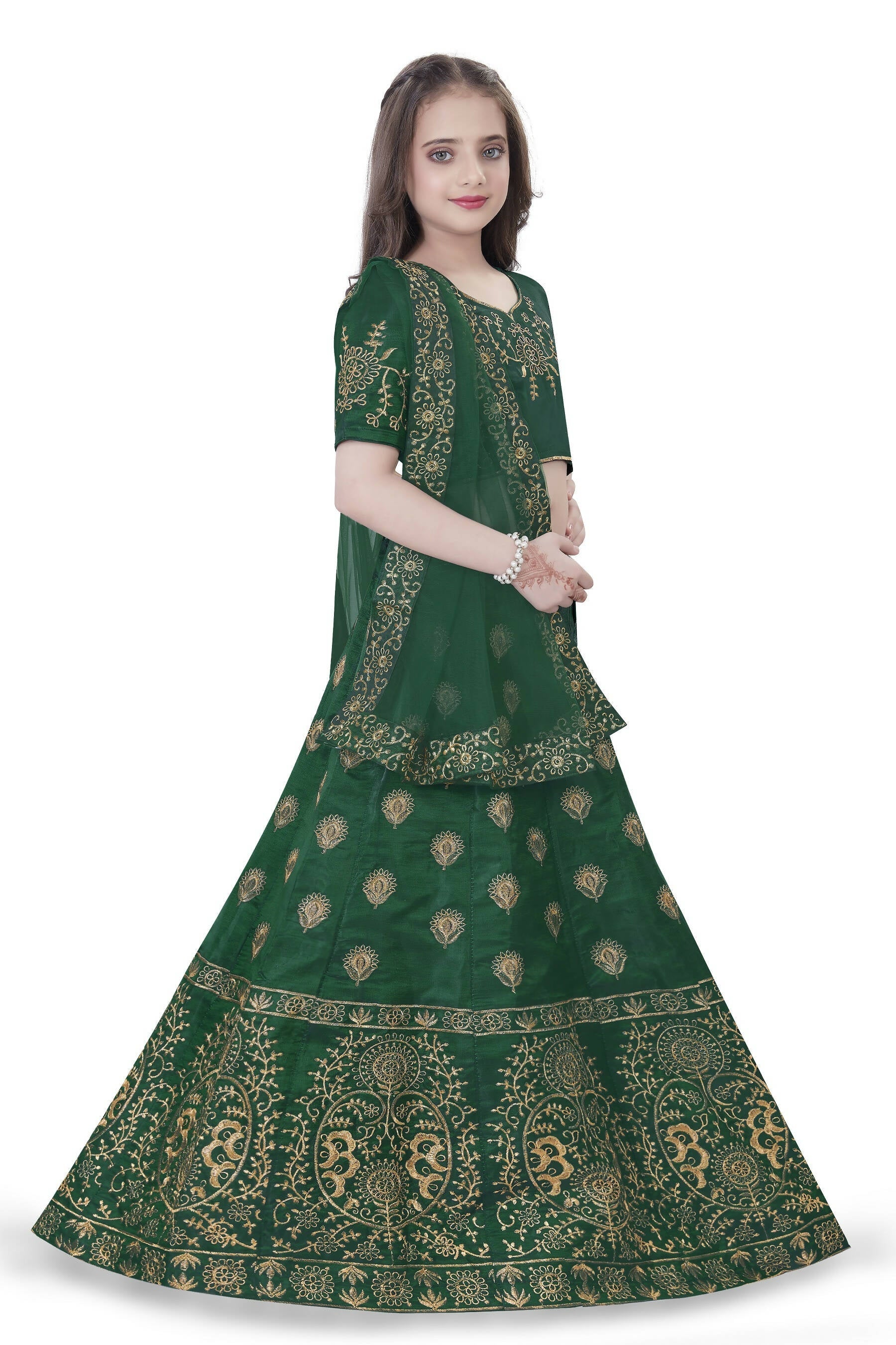 Dwiden Green Gulab Tafetta Sattin Semi-Stitched Girl'S Lehenga Choli | Grocsy
