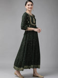 Yufta Women Green & Golden Geometric Print A-Line Maxi Dress with Embroidery Detail | Grocsy