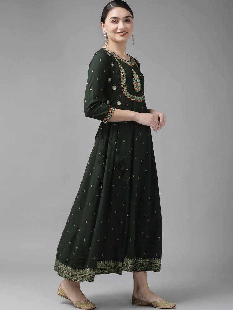 Yufta Women Green & Golden Geometric Print A-Line Maxi Dress with Embroidery Detail | Grocsy