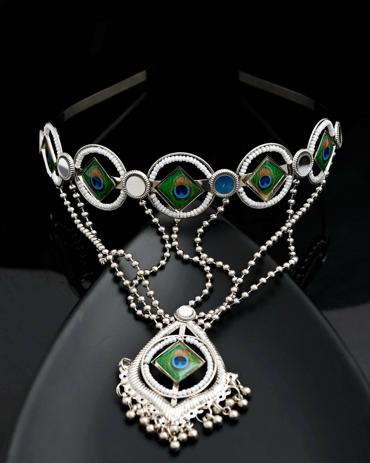 VOJ Silver Plated Peacock Printed Hairband With Mang Tikka | Grocsy