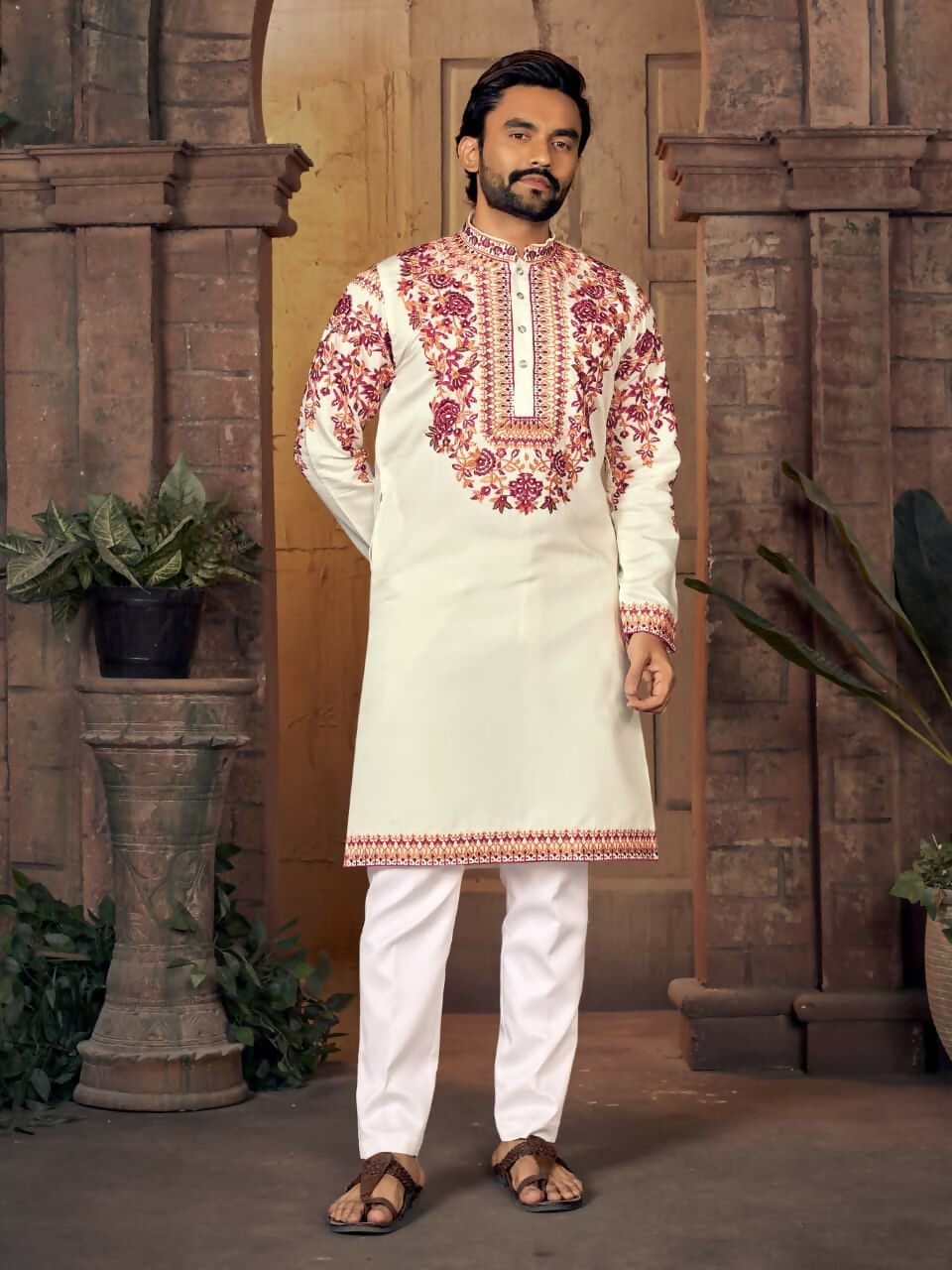 Anaita White Multi Thread Work Silk Straight Kurta | Grocsy