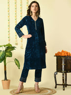 Myshka Women's Teal Velvet Kurta With Trousers Party Sets | Grocsy