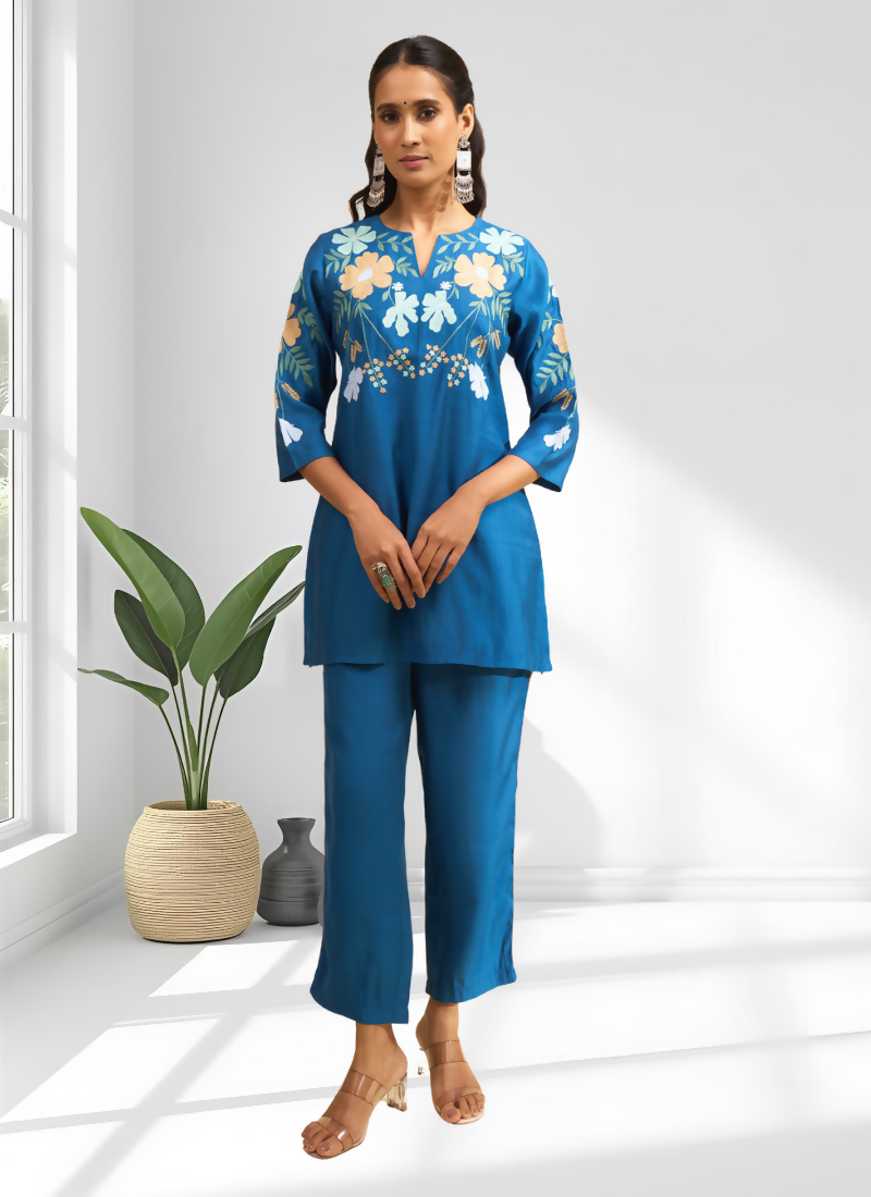 Joban Fashion Teal Silk Embroidered Readymade Cord Set | Grocsy