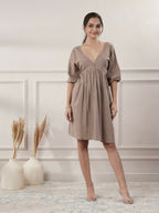 Joban Fashion Women's Brown Cotton V-Neck Dress | Grocsy