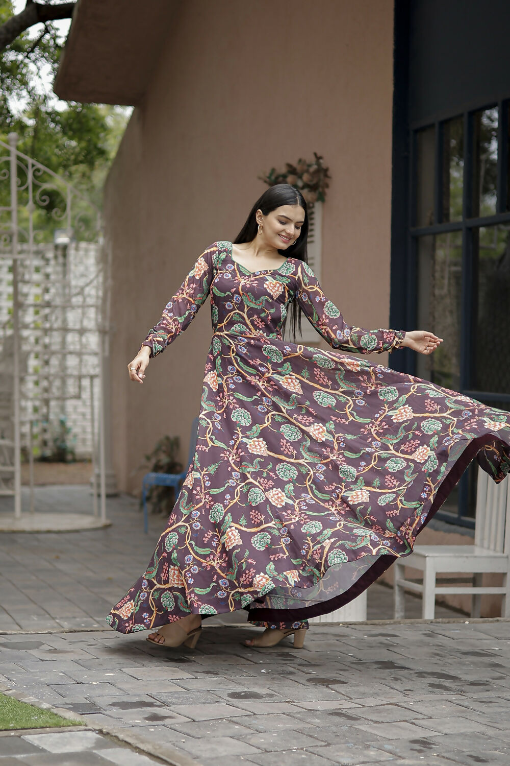 Aayaa Designer Printed Georgette Full Flare Gown With Dupatta - Multi Color | Grocsy