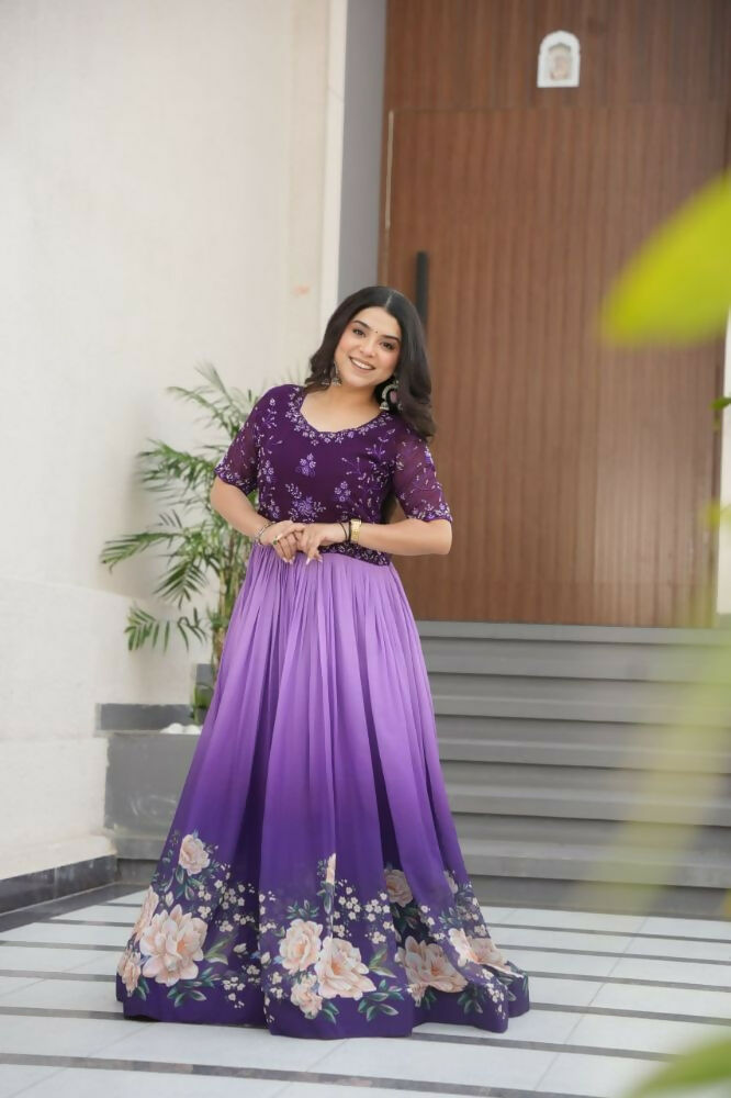 Vastranavya Purple Faux Blooming With Beads Embroidered work and Rich Floral Pedding Digital Print Gown | Grocsy