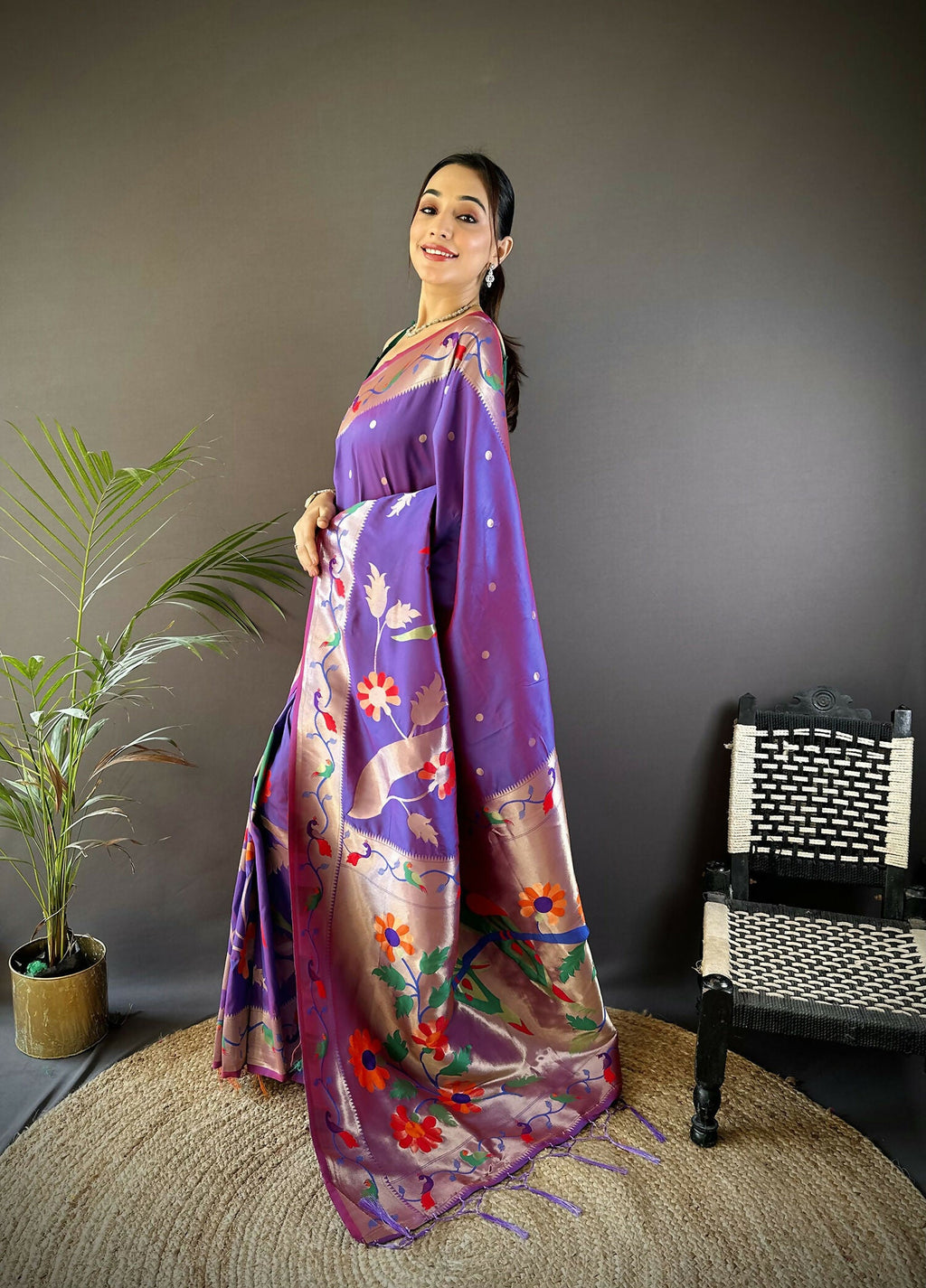 Joban Fashion Purple Zari Woven Floral Motifs Soft Silk Paithani Silk Saree | Grocsy