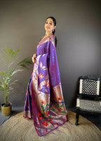 Joban Fashion Purple Zari Woven Floral Motifs Soft Silk Paithani Silk Saree | Grocsy