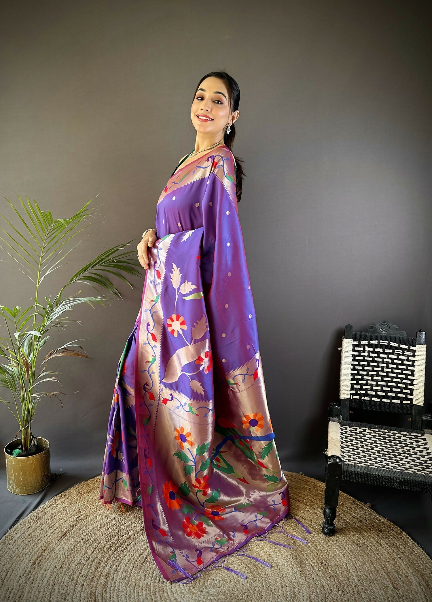 Joban Fashion Purple Zari Woven Floral Motifs Soft Silk Paithani Silk Saree | Grocsy