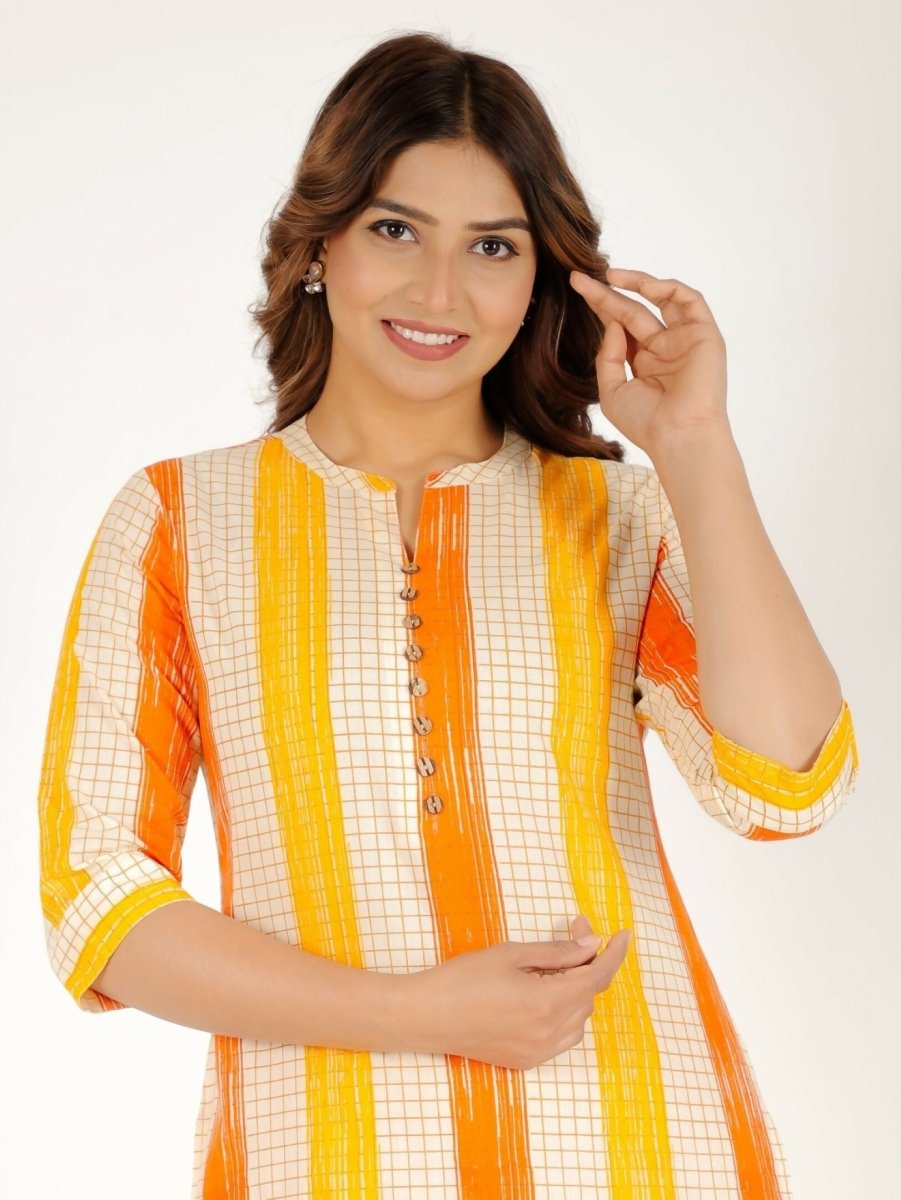 Aramya Yellow Soft Cotton Checkered Straight Kurta for Women | Grocsy