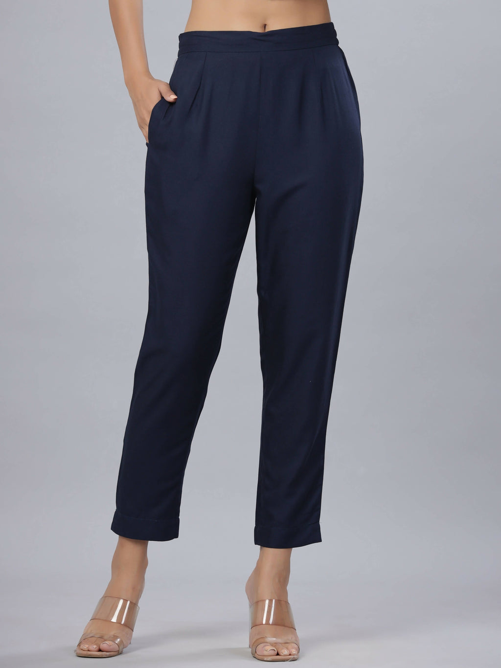 Juniper Women's Navy Rayon Solid Stright Slim Pant | Grocsy