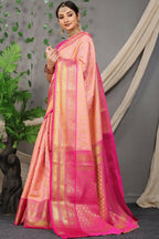 Jyoti Fashion Women's Peach Kanjivaram Silk Zari Woven Saree with Blouse | Grocsy