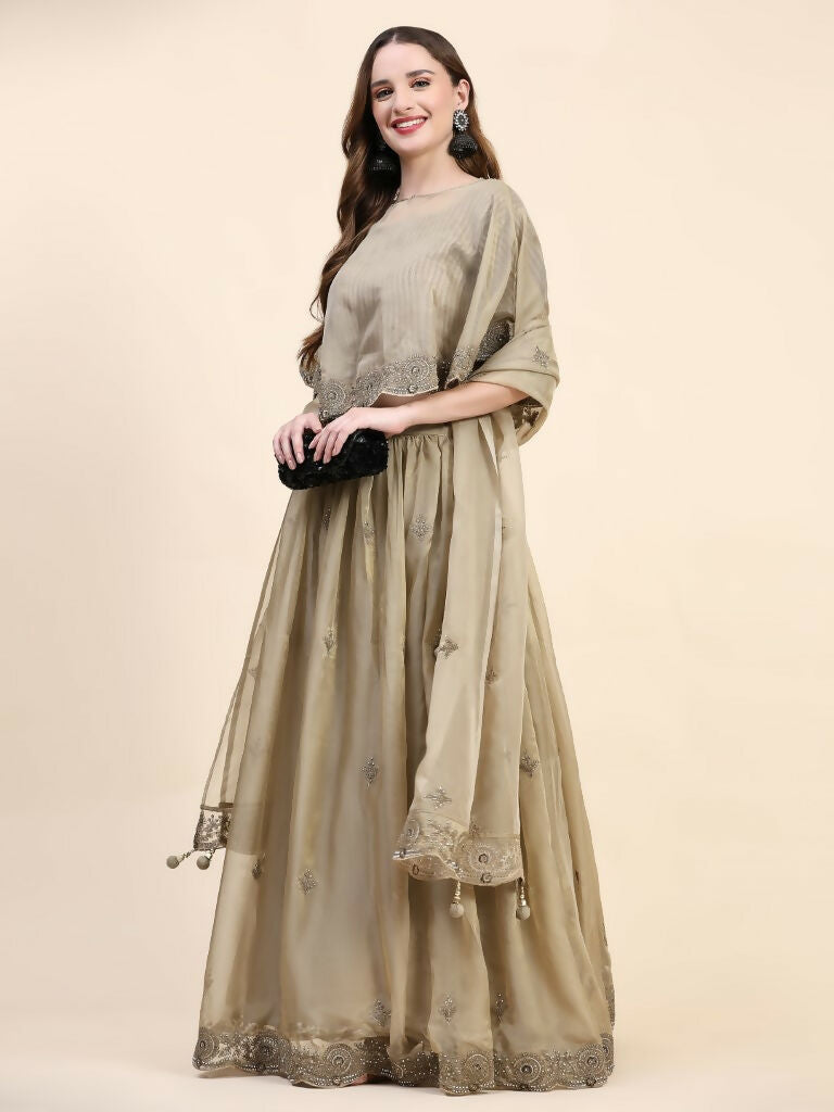 Green Silk Embroidered Poncho Pattern Top & Lehenga with Dupatta - Tanya | Grocsy