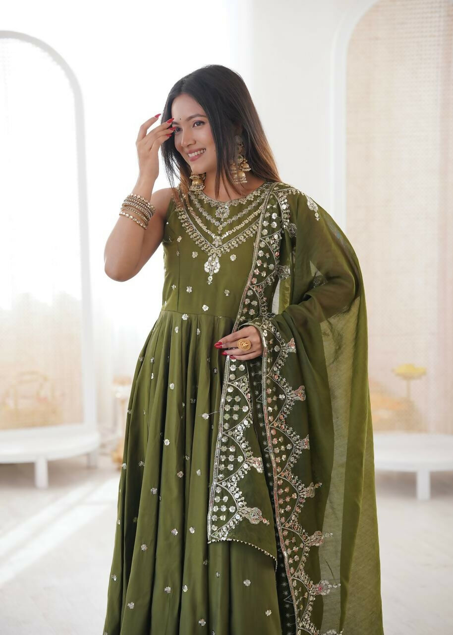 Teeya Creation Green Color Roman Silk Embroidery Work Party Wear Gown | Grocsy