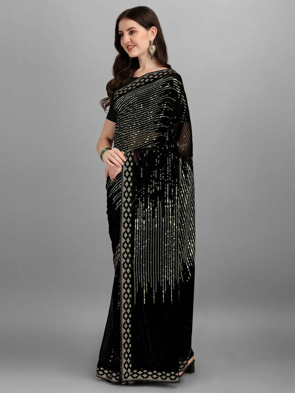 Vegaa Fashion Black Georgette Embroidered Party Wear Saree | Grocsy