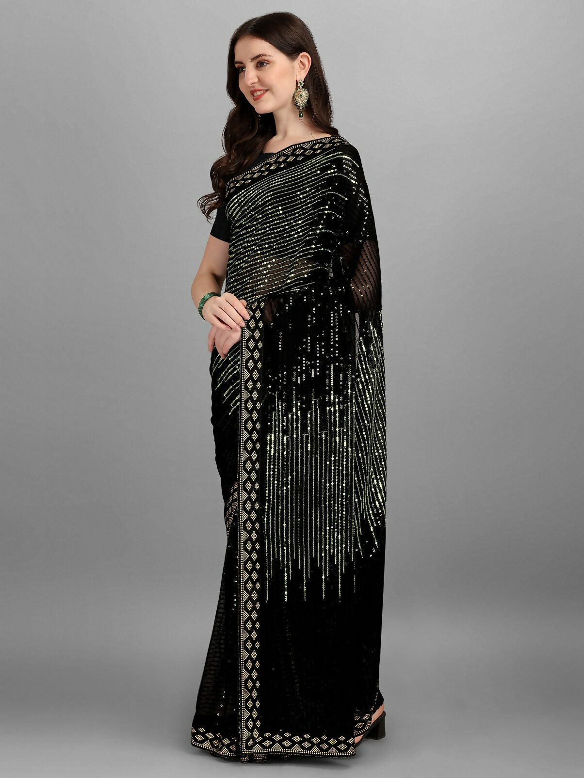 Vegaa Fashion Black Georgette Embroidered Party Wear Saree | Grocsy