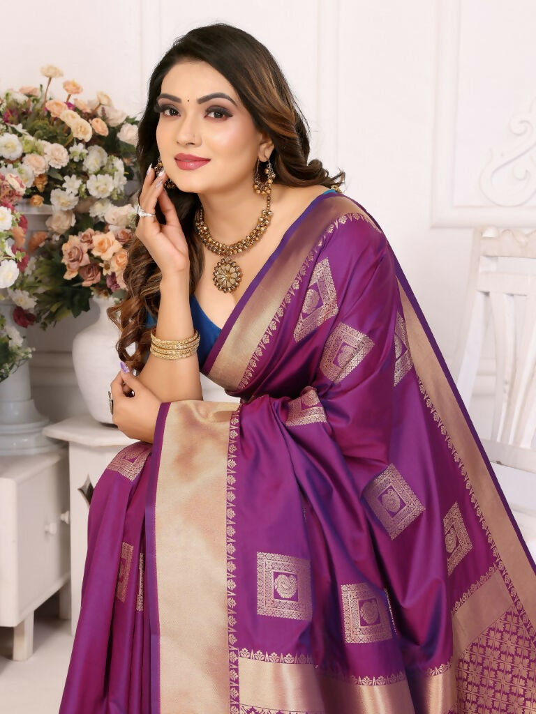 Anaita Purple Soft Silk With Zari Weaving Borders Saree With Blouse | Grocsy