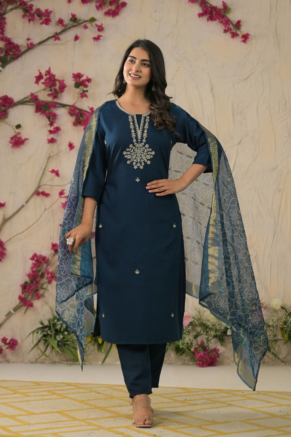 Ethnic Festive Wear Reyon Petrol Stitched Suit With Dupatta - Tanisha | Grocsy