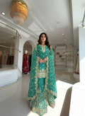 Teeya Creation Turquoise Pure Silk Gimmy Silk Heavy Embroidery Work Wedding Wear Palazzo Pair | Grocsy