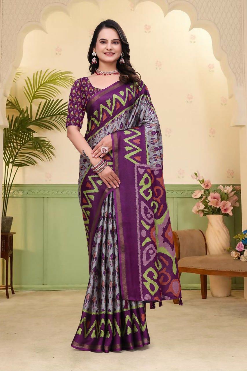 Prime Volt Mal Cotton Purple Ethnic Printed Saree with Designer Blouse Piece | Grocsy