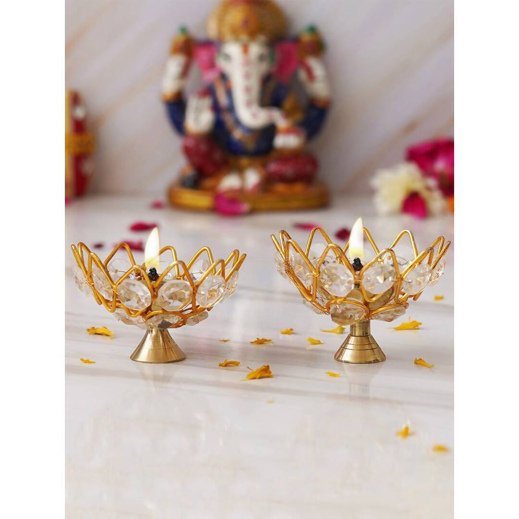 eCraftIndia Gold-Toned 2 Pieces Crystal Lotus Shape Brass Diyas | Grocsy