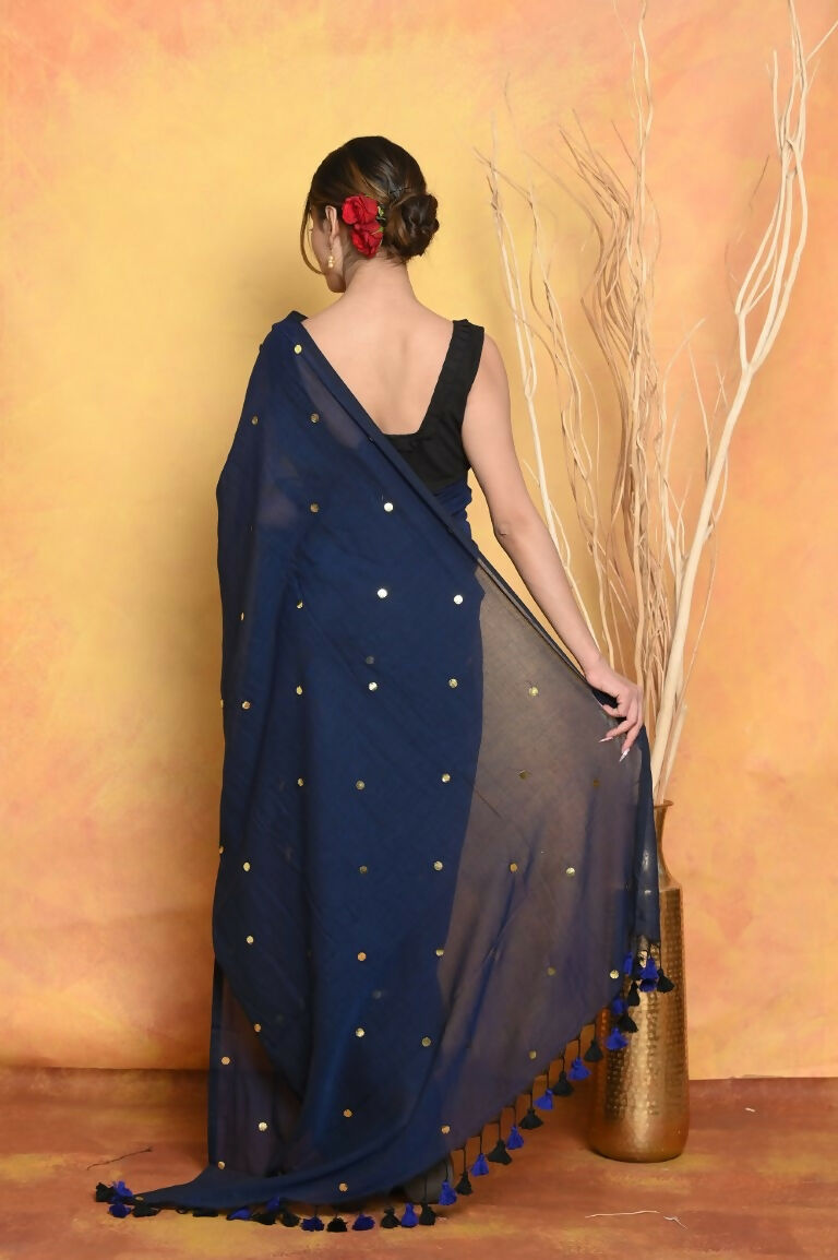 Very Much Indian Pure Mul Cotton Handloom Saree - Dark Blue | Grocsy