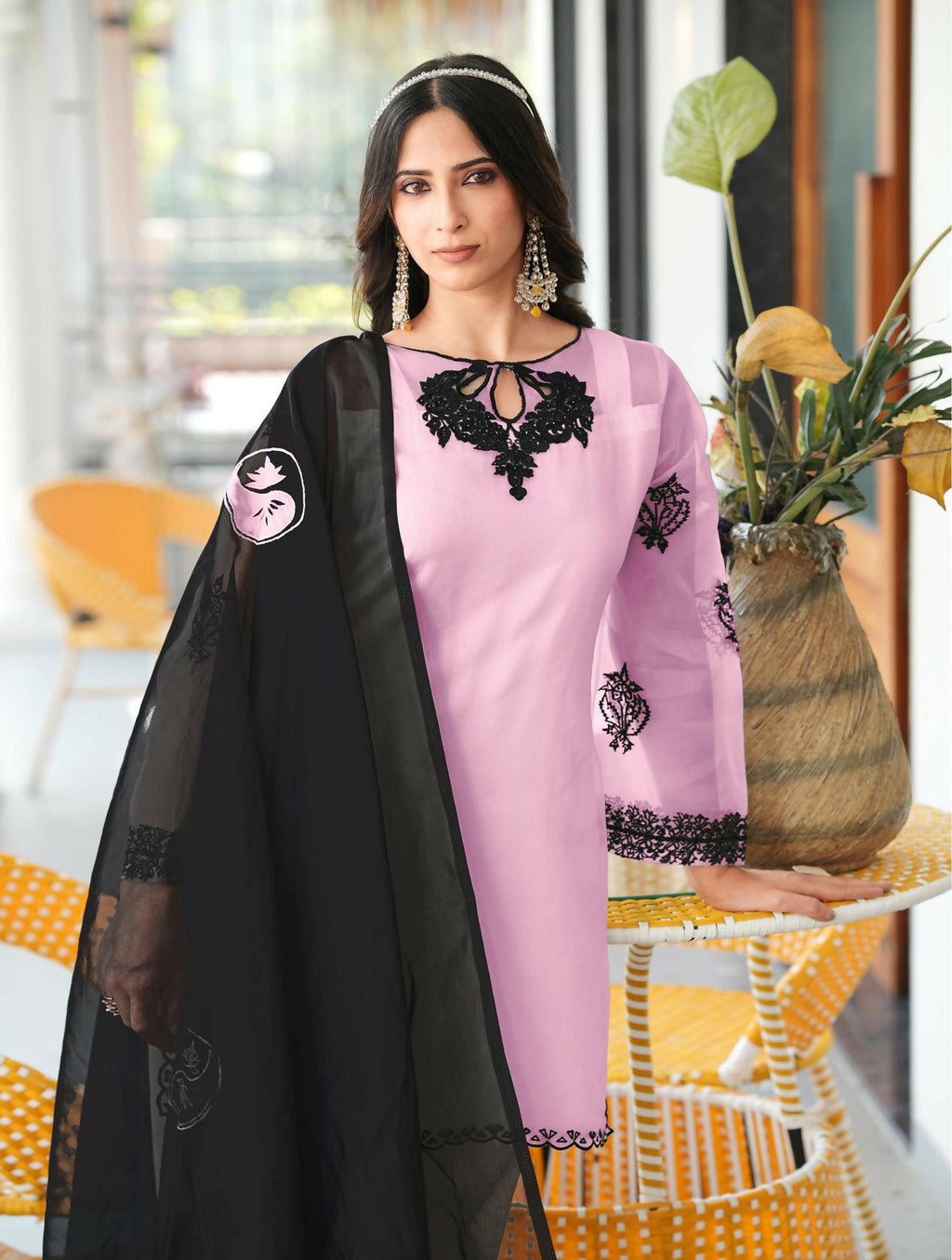 Nikhaar Light Pink Embroidered Organza Stitched Straight Cut Kurta Farshi Salwar Dupatta Readymade Suit | Grocsy