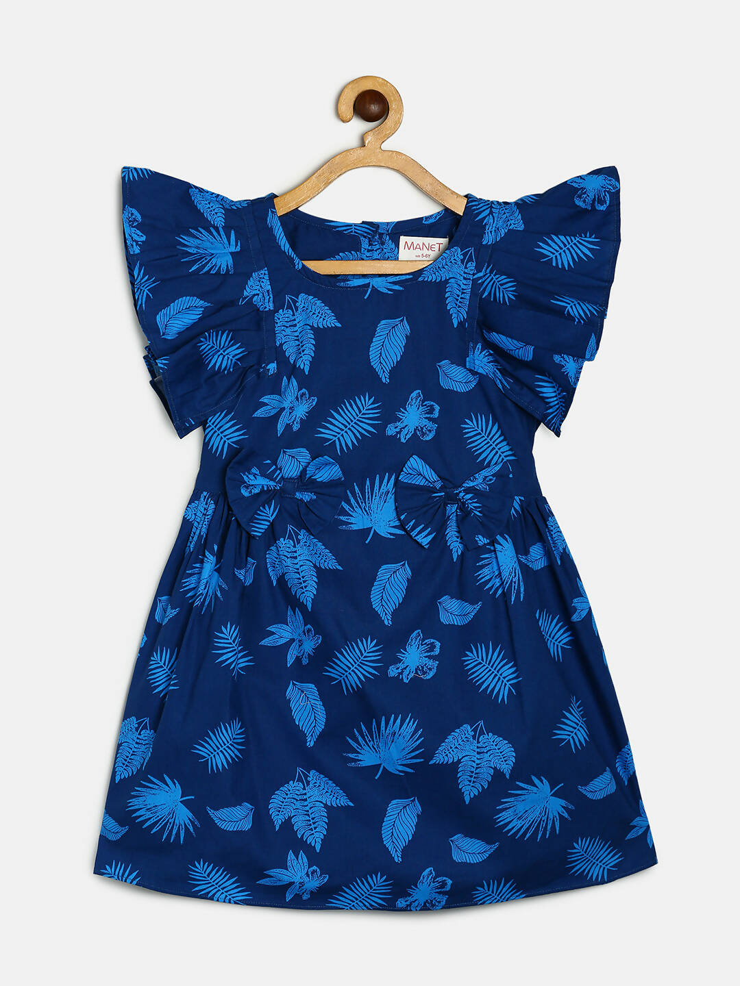 Manet Cotton Frill Bow Frock Leaf Printed - Blue | Grocsy