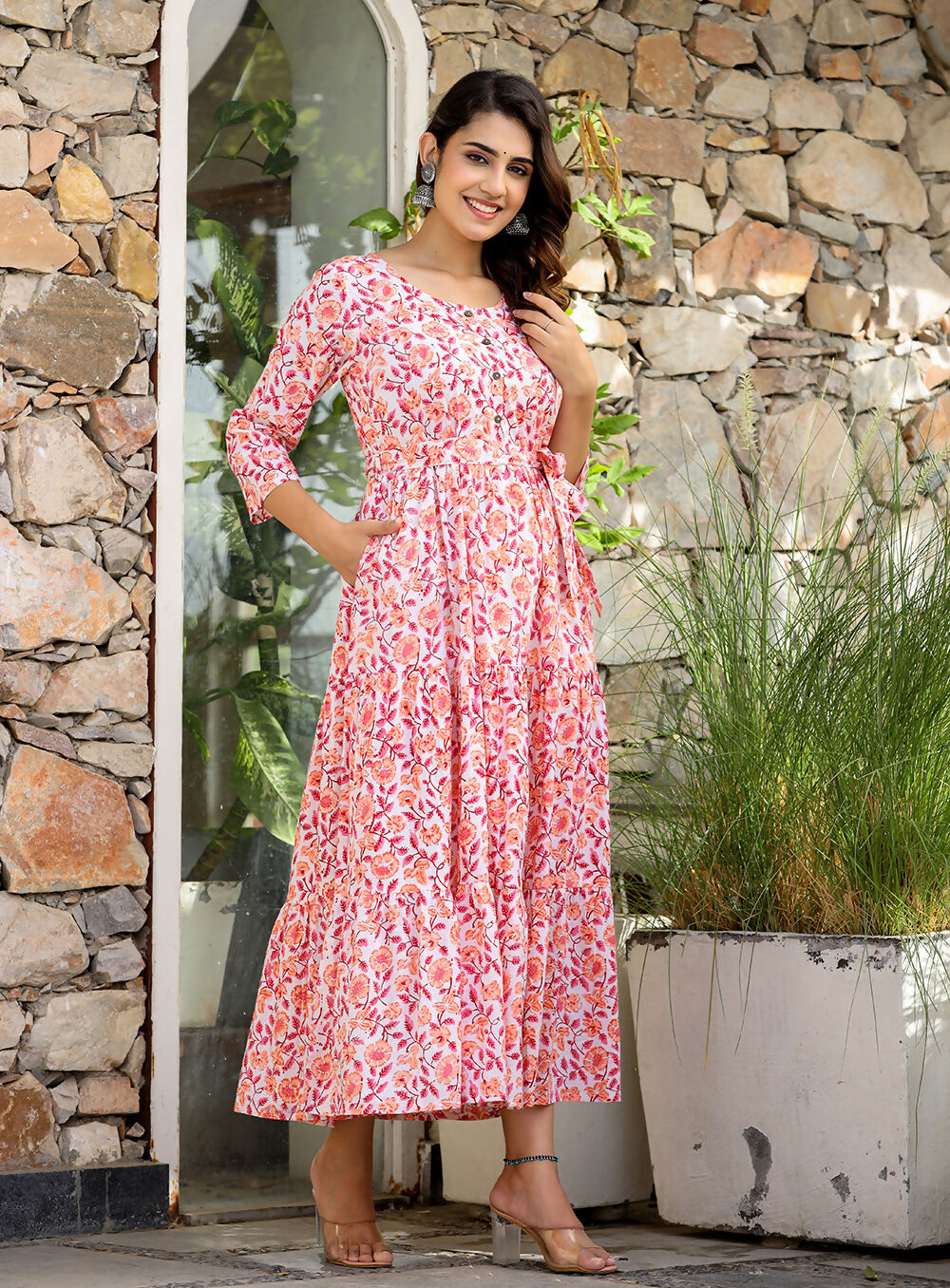 Kaajh Women's Orange Ethnic Floral Hand Block Print Cotton Dress | Grocsy