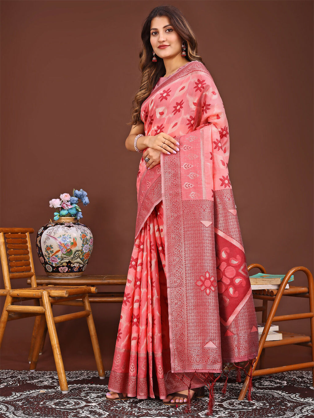 Shree Shyam Fashion Sajni Peach Linen Cotton Saree | Grocsy