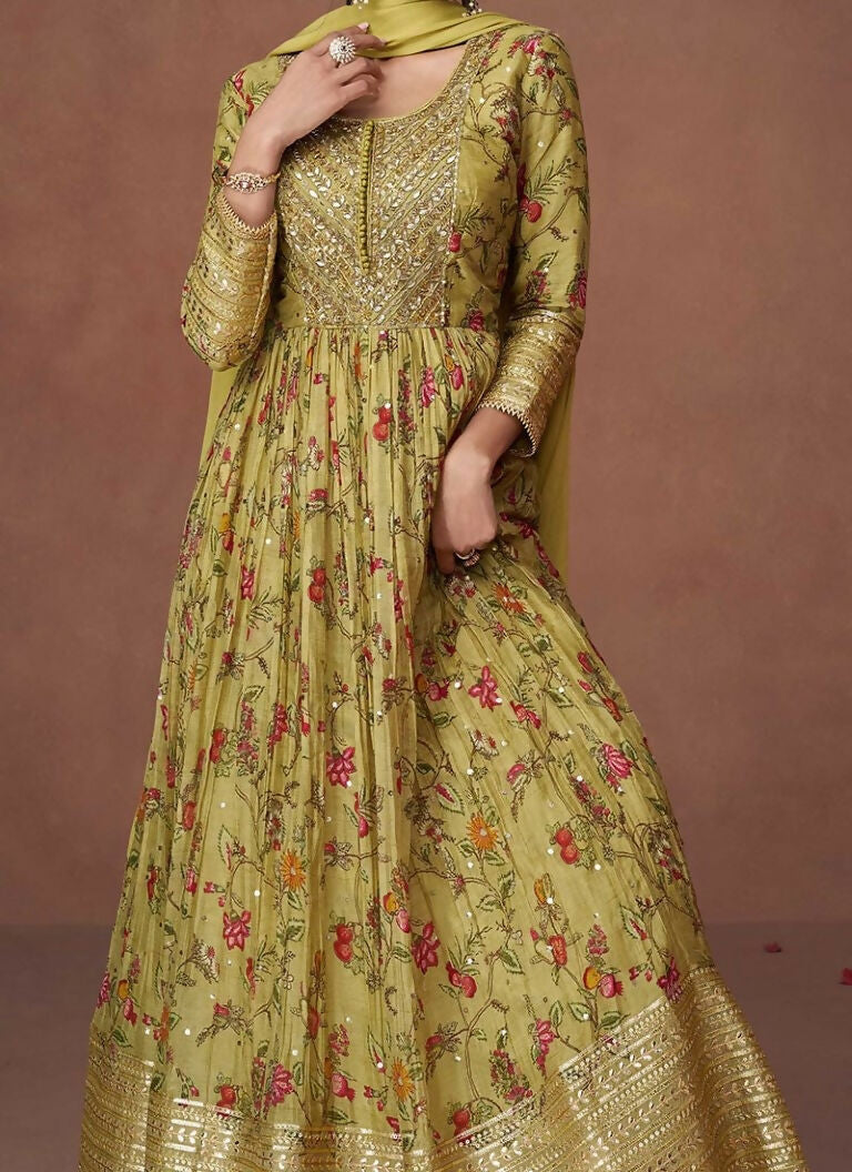 Vastranavya Green Floral Printed Anarkali Suit Set with Foil Mirror Work | Grocsy