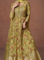 Vastranavya Green Floral Printed Anarkali Suit Set with Foil Mirror Work | Grocsy