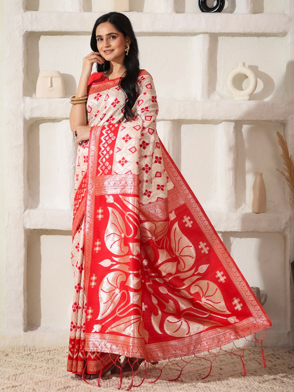 Shree Shyam Fashion Linen Cotton Red & White Saree | Grocsy