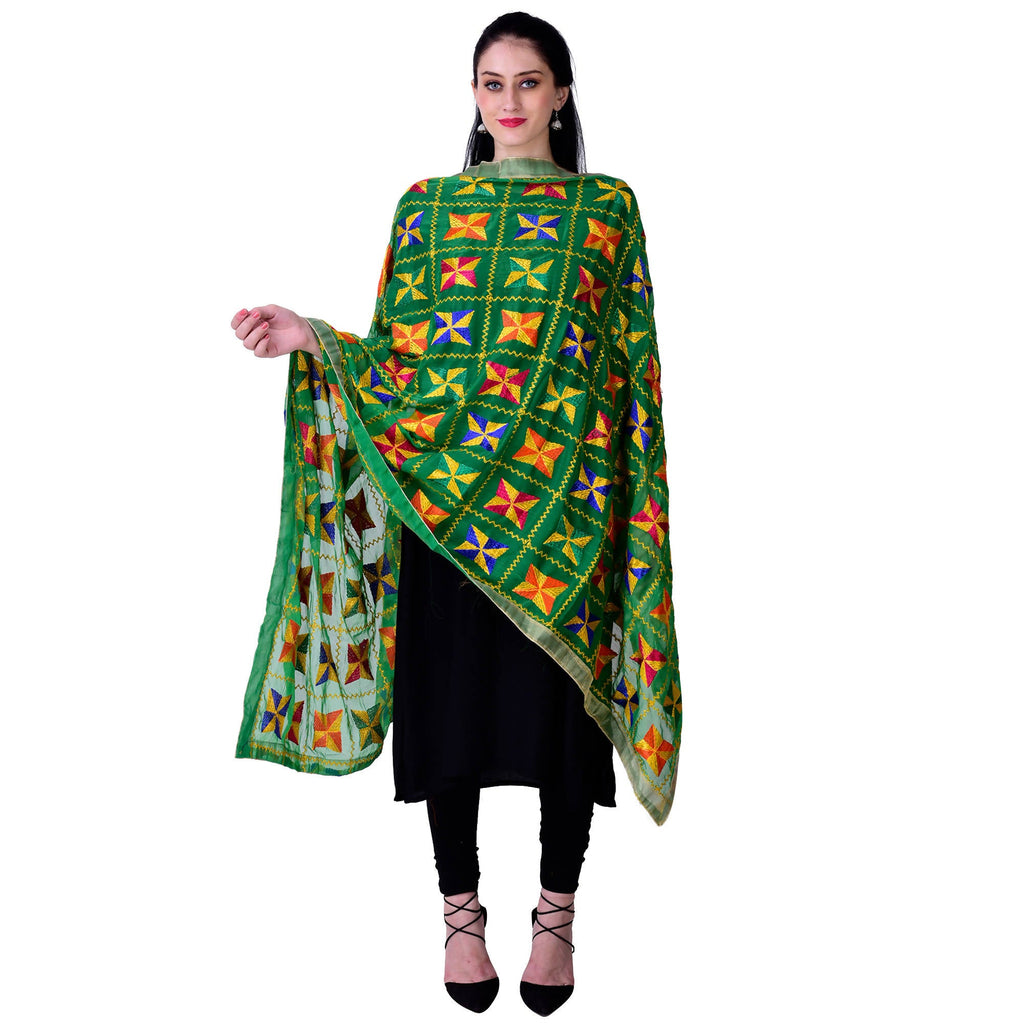 SWI Stylish Embroidered Phulkari Chiffon Green Dupatta | Grocsy